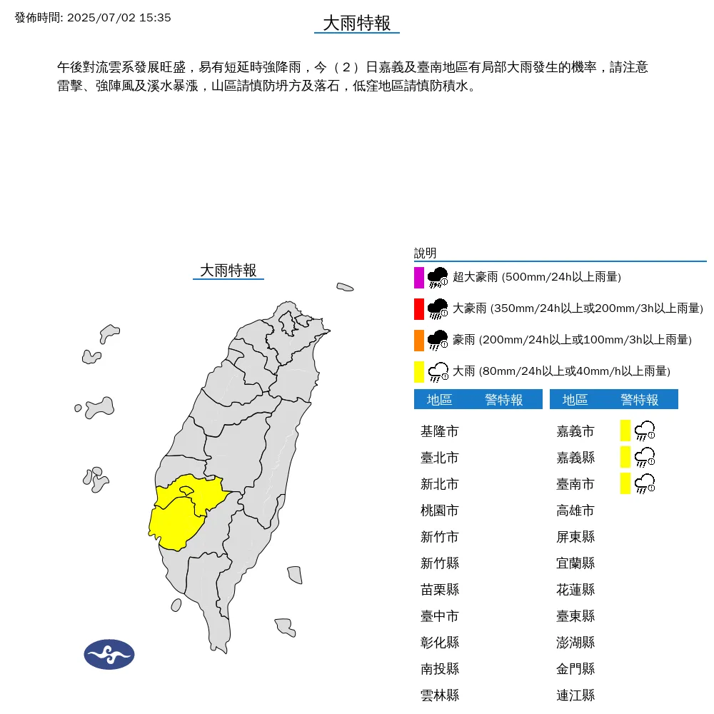 中央氣象署於今(2)日下午3點35分發布3縣市大雨特報。(圖/氣象署提供)