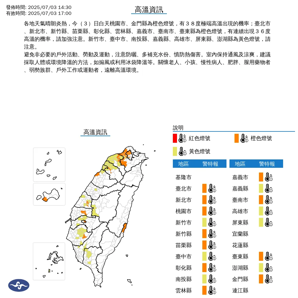 中央氣象署今（3）日下午2點30分發布18縣市高溫資訊。（圖/氣象署提供）