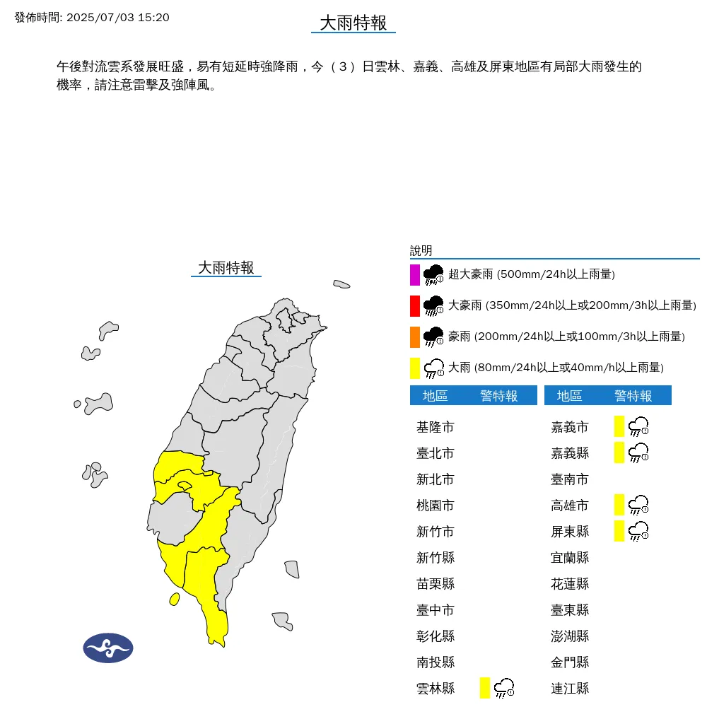 中央氣象署今（3）日下午3點20分發布5縣市大雨特報。（圖/氣象署提供）