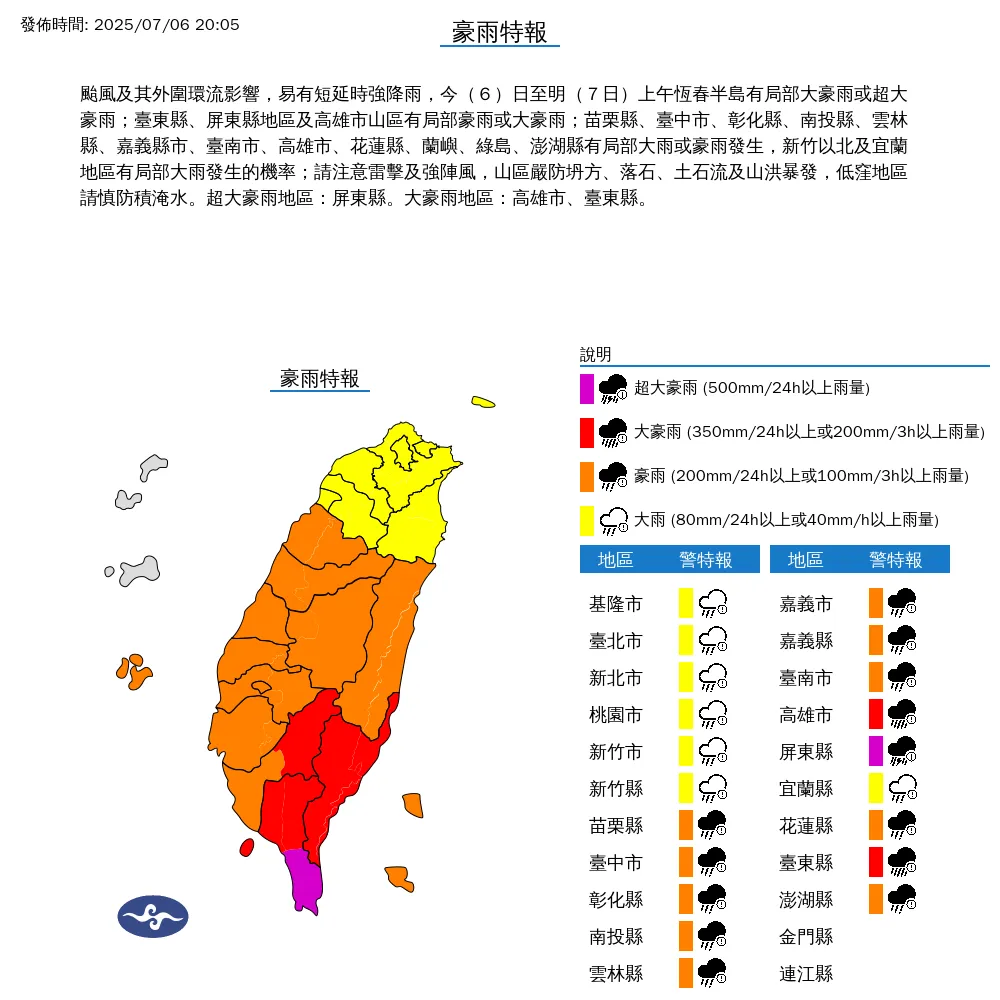 丹娜絲颱風及其外圍環流影響下，高屏、台東縣6日晚間至7日上午有豪雨以上雨勢。（圖／翻攝自中央氣象署官網）