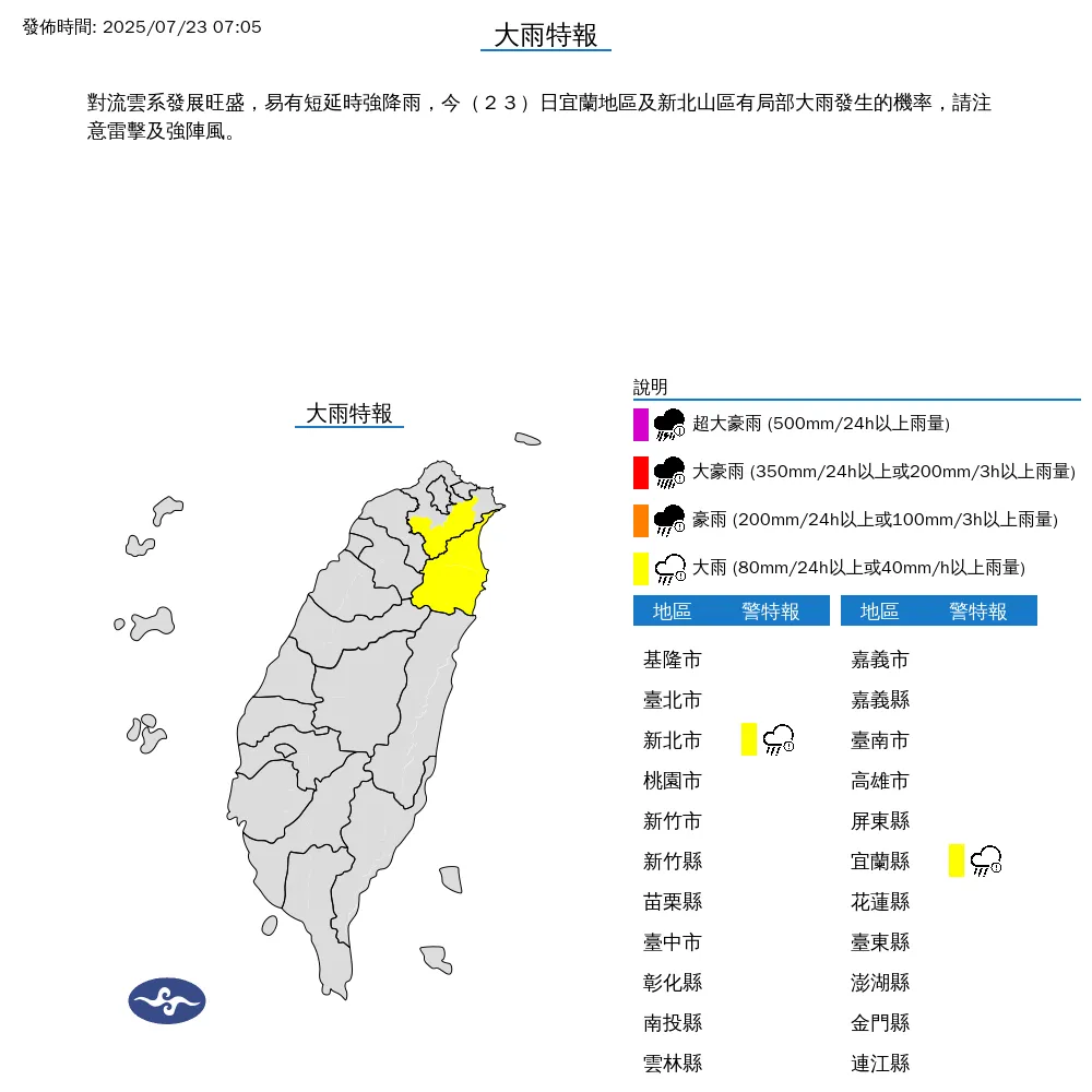 2縣市大雨特報。（圖／中央氣象署）
