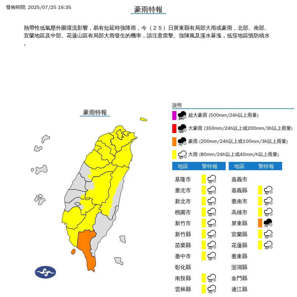 受到熱帶性低氣壓外圍環流影響，中央氣象署25日下午發布16縣市豪大雨特報。（圖／氣象署）
