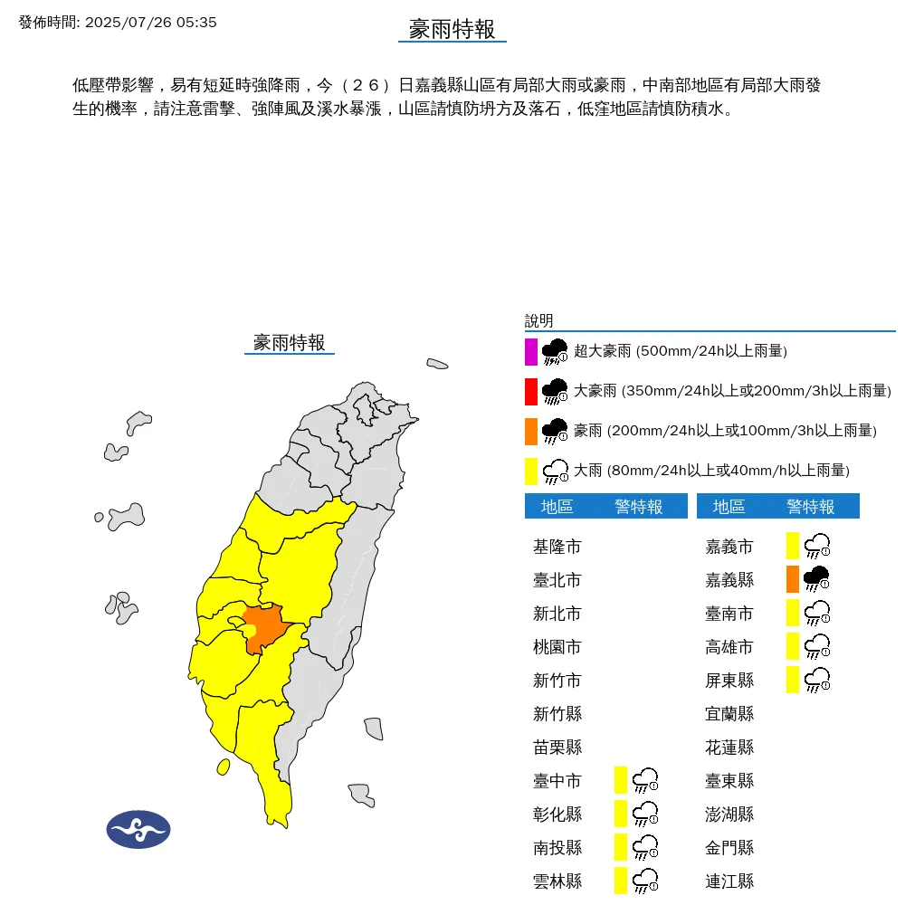 9縣市豪大雨特報。（圖／中央氣象署）