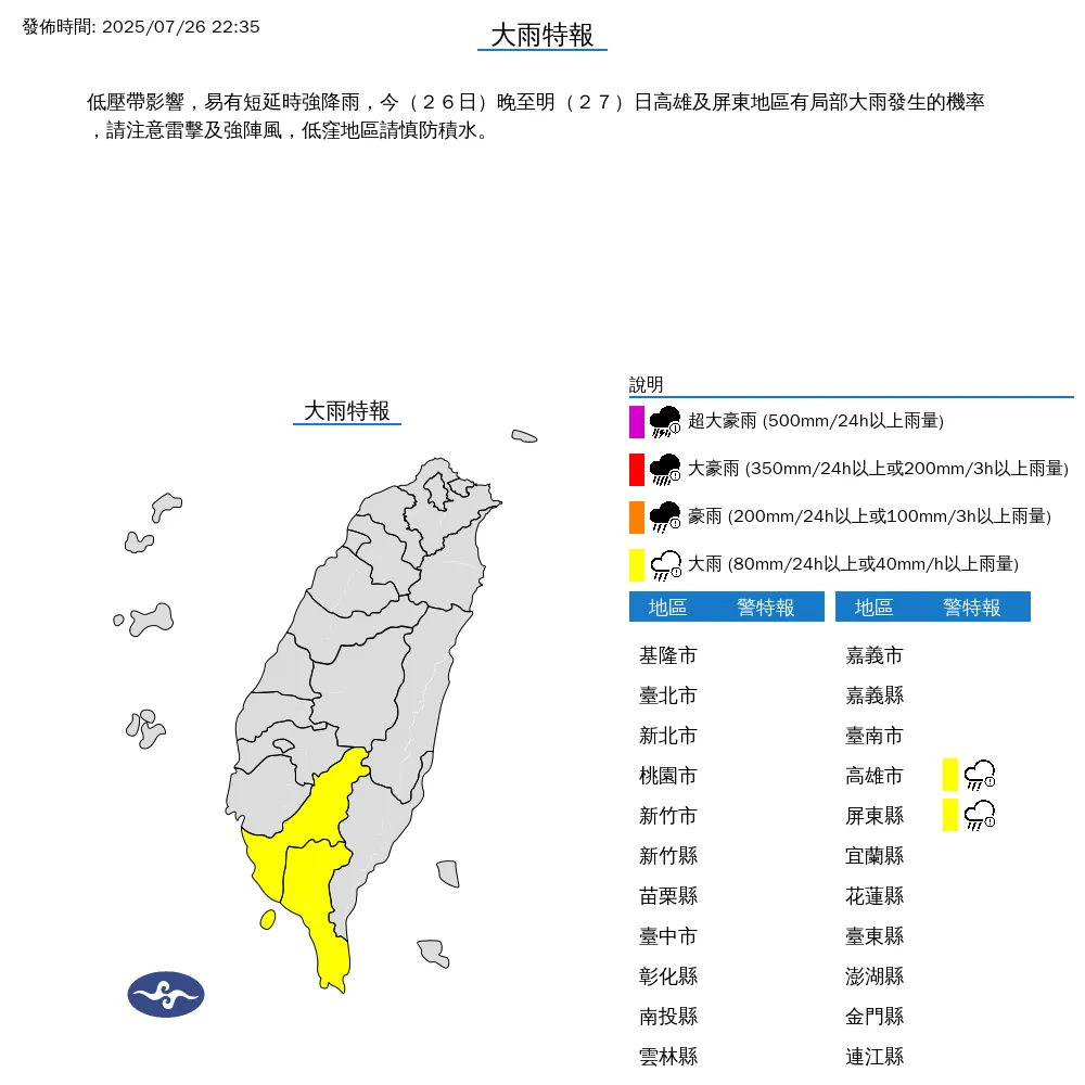 中央氣象署於今(26)日晚間10點35分發布2縣市大雨特報。(圖/氣象署提供)