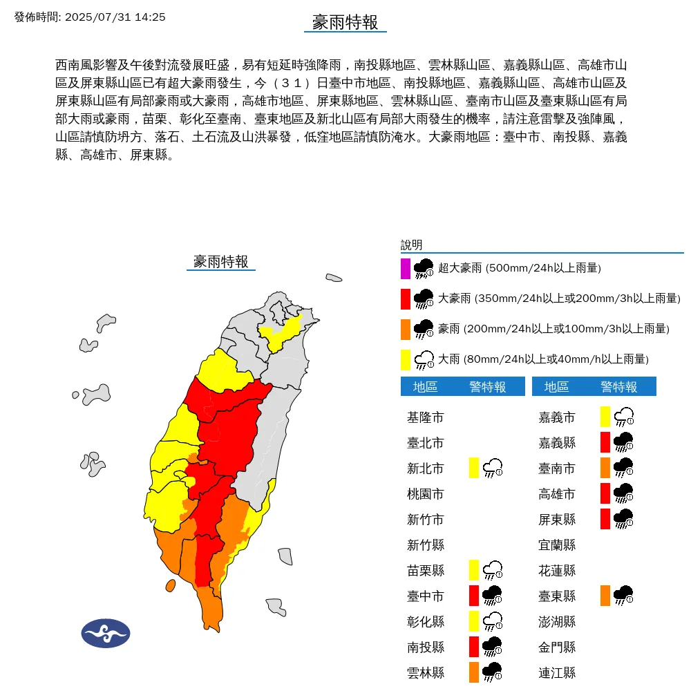 中央氣象署今(31)日下午2點25分發布12縣市豪雨特報。(圖/氣象署提供)