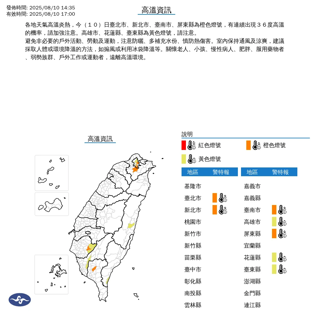 中央氣象署今(10)日下午2點35分發布7縣市高溫資訊。(圖/氣象署提供)