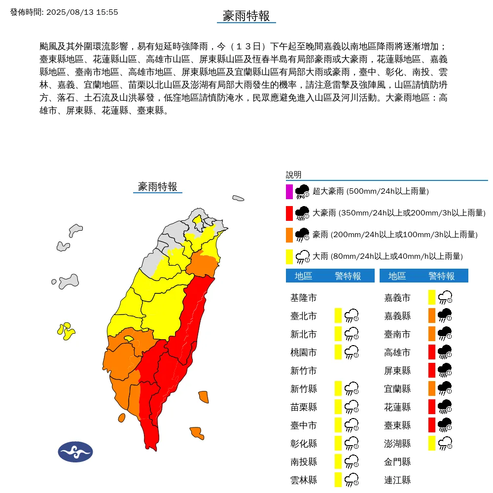 中央氣象署於13日下午3時55分發布豪大雨特報，其中屏東發佈告警訊息。（圖／氣象署）