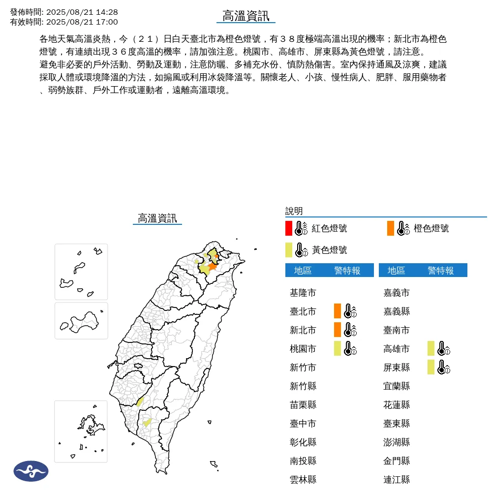 雙北地區21日下午仍然高溫炎熱，內湖區、新店區亮橙色燈號示警。（圖／翻攝自中央氣象署官網）