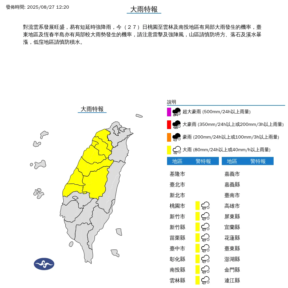 8縣市大雨特報。（圖／中央氣象署）
