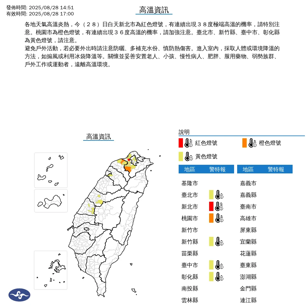 台灣各地今（28）日持續受到太平洋高壓籠罩影響，雲量減少加上陽光強烈，造成西部地區出現極端高溫。（圖／氣象署）