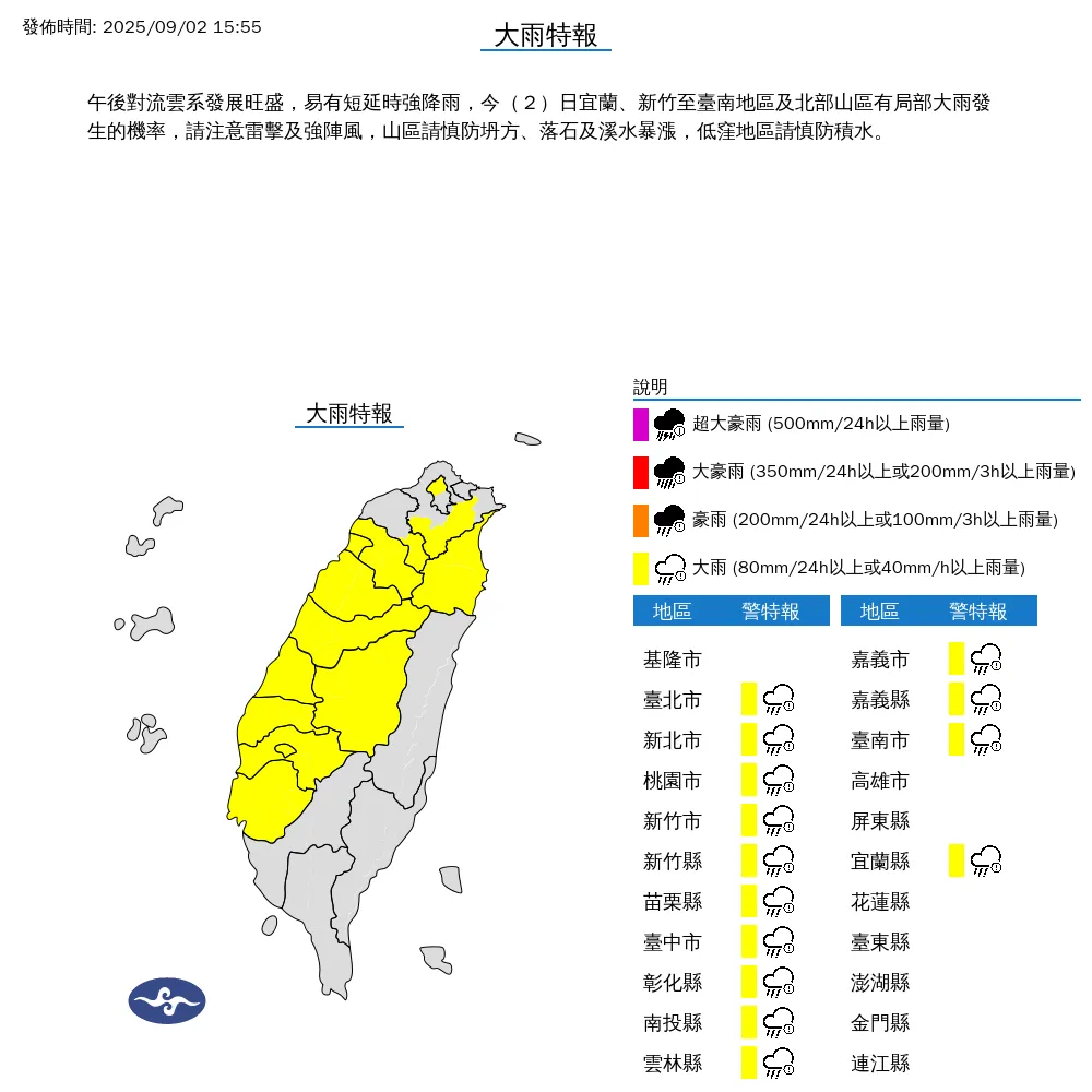 新竹以南、宜蘭等14縣市2日下午將有大雨發生,提醒民眾注意天氣與環境變化。(圖/翻攝自中央氣象署官網)