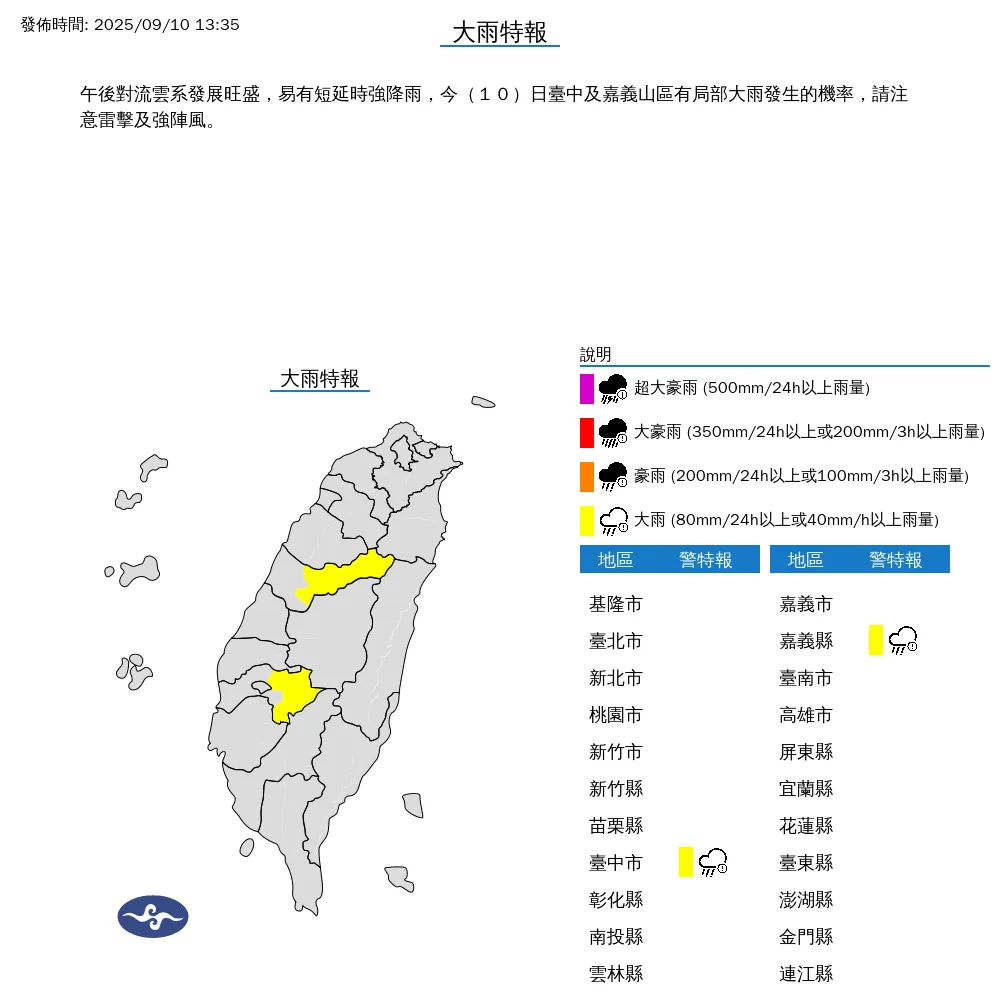 2縣市大雨特報。（圖／中央氣象署）