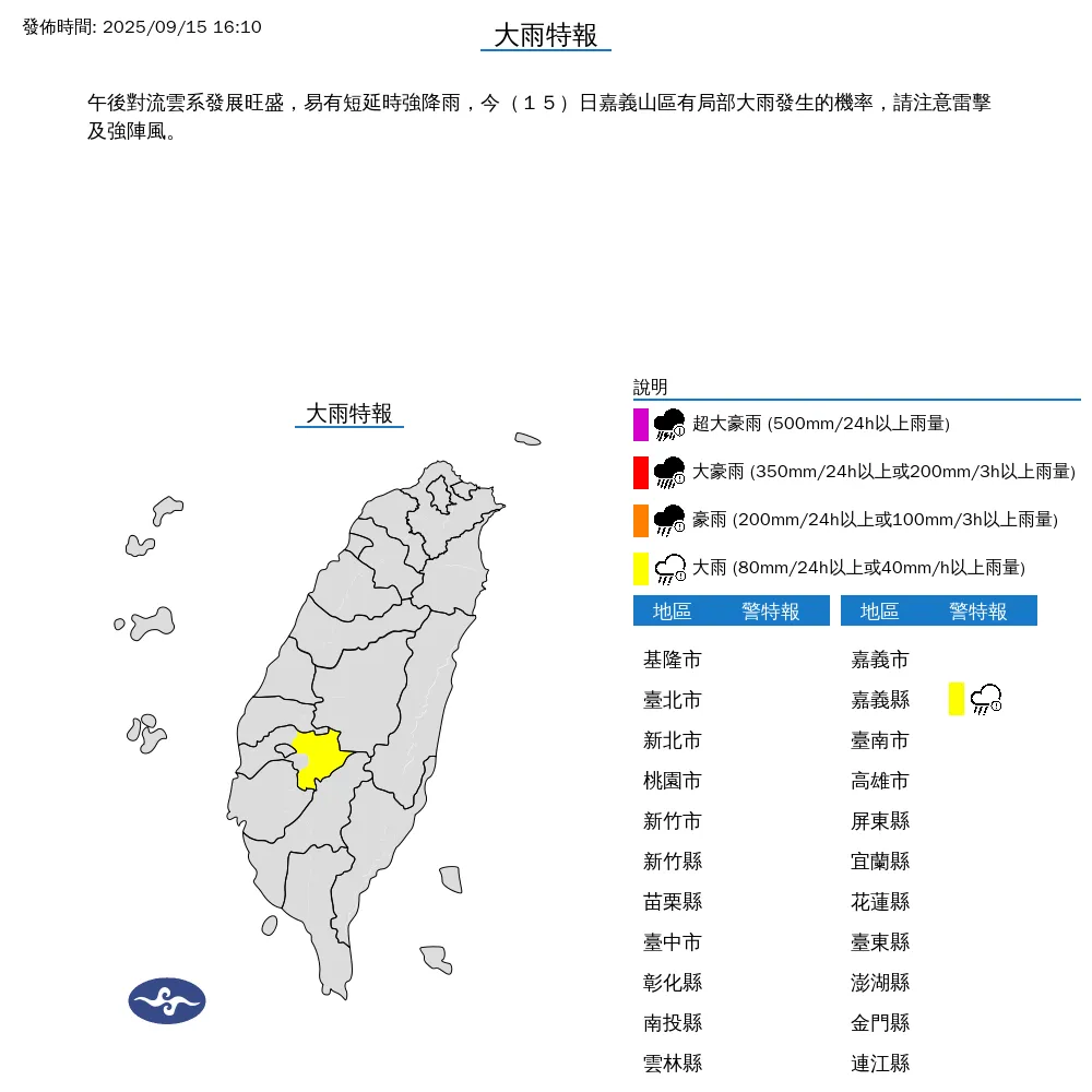 中央氣象署於15日下午4時10分發布大雨特報，指出午後對流雲系發展旺盛，嘉義山區有機會出現局部大雨，提醒民眾注意雷擊及強陣風可能帶來的威脅。（圖／氣象署）