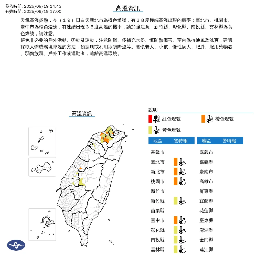 全台8縣市19日下午亮起高溫示警燈號,北北桃、台中需多加留意。(圖/翻攝自中央氣象署官網)
