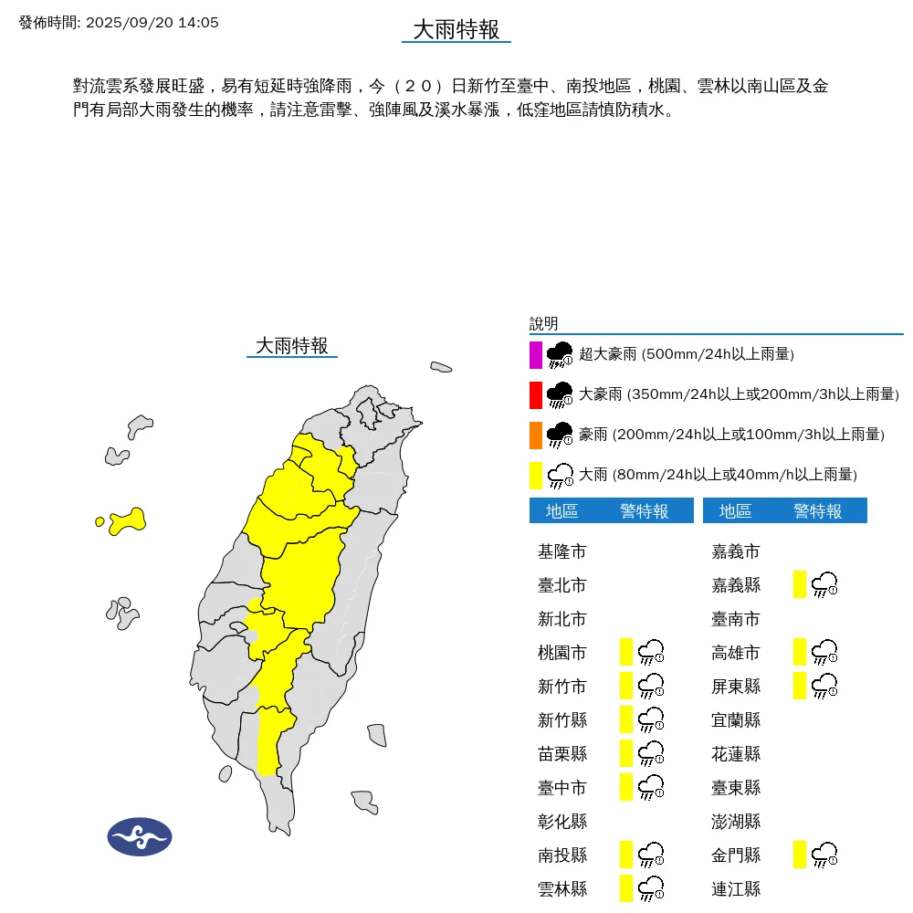 中央氣象署今（20）日下午2點05分發布11縣市大雨特報。（圖/氣象署提供）