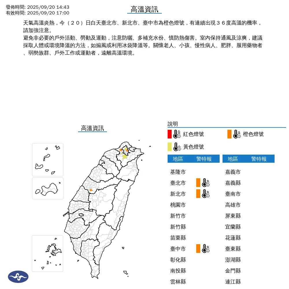 雙北、台中市20日下午將有連續36度高溫發生，提醒民眾外出注意防曬並多補充水分。（圖／翻攝自中央氣象署官網）