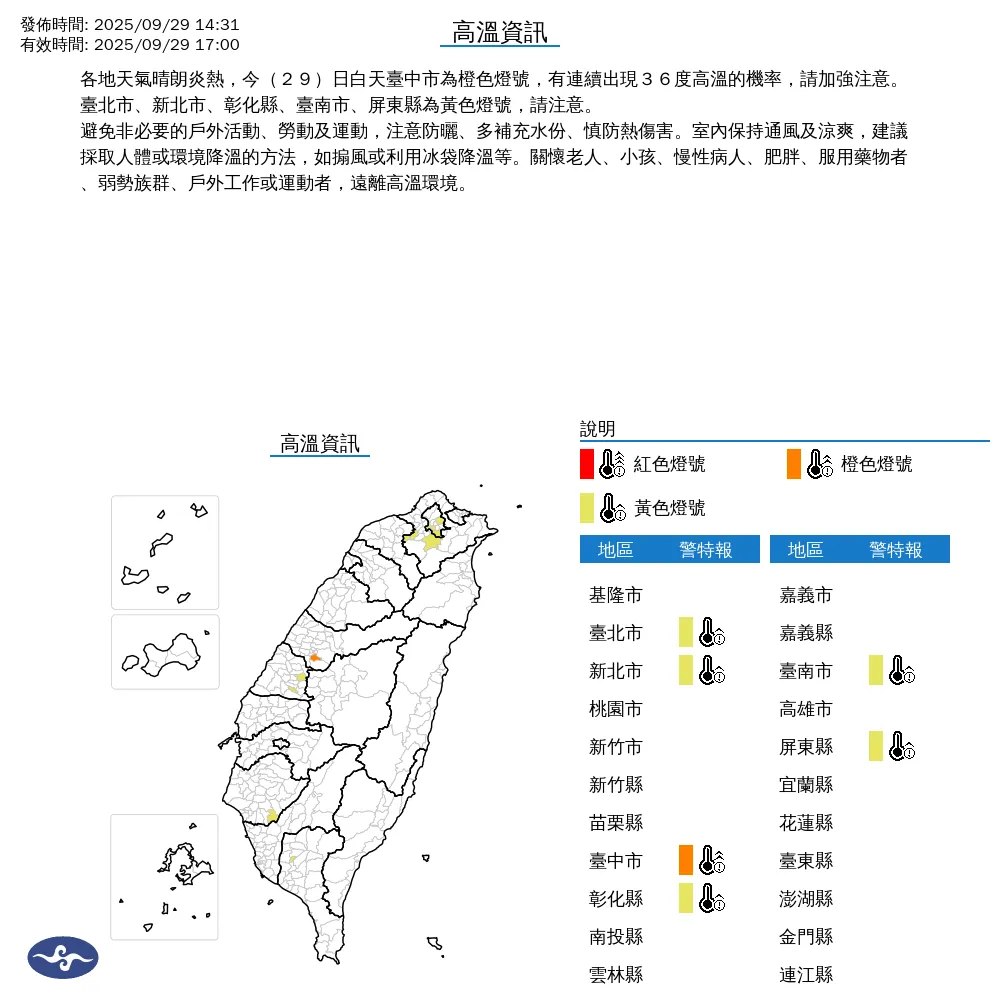中央氣象署今(29)日發布高溫警示,其中台中市因天氣晴朗炎熱,出現橙色燈號,預計將連續3天以上出現36度以上高溫。(圖/氣象署)
