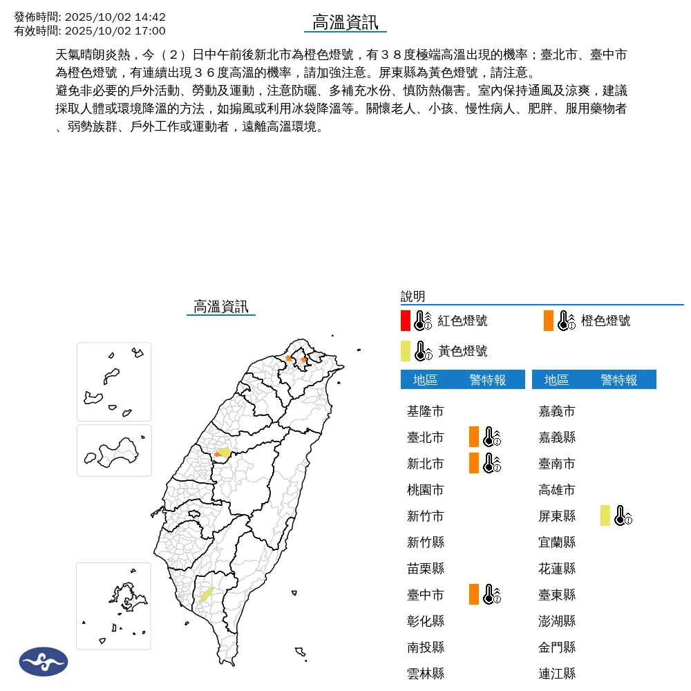 雙北、台中、屏東2日下午高溫上看36度至38度。(圖/翻攝自中央氣象署官網)