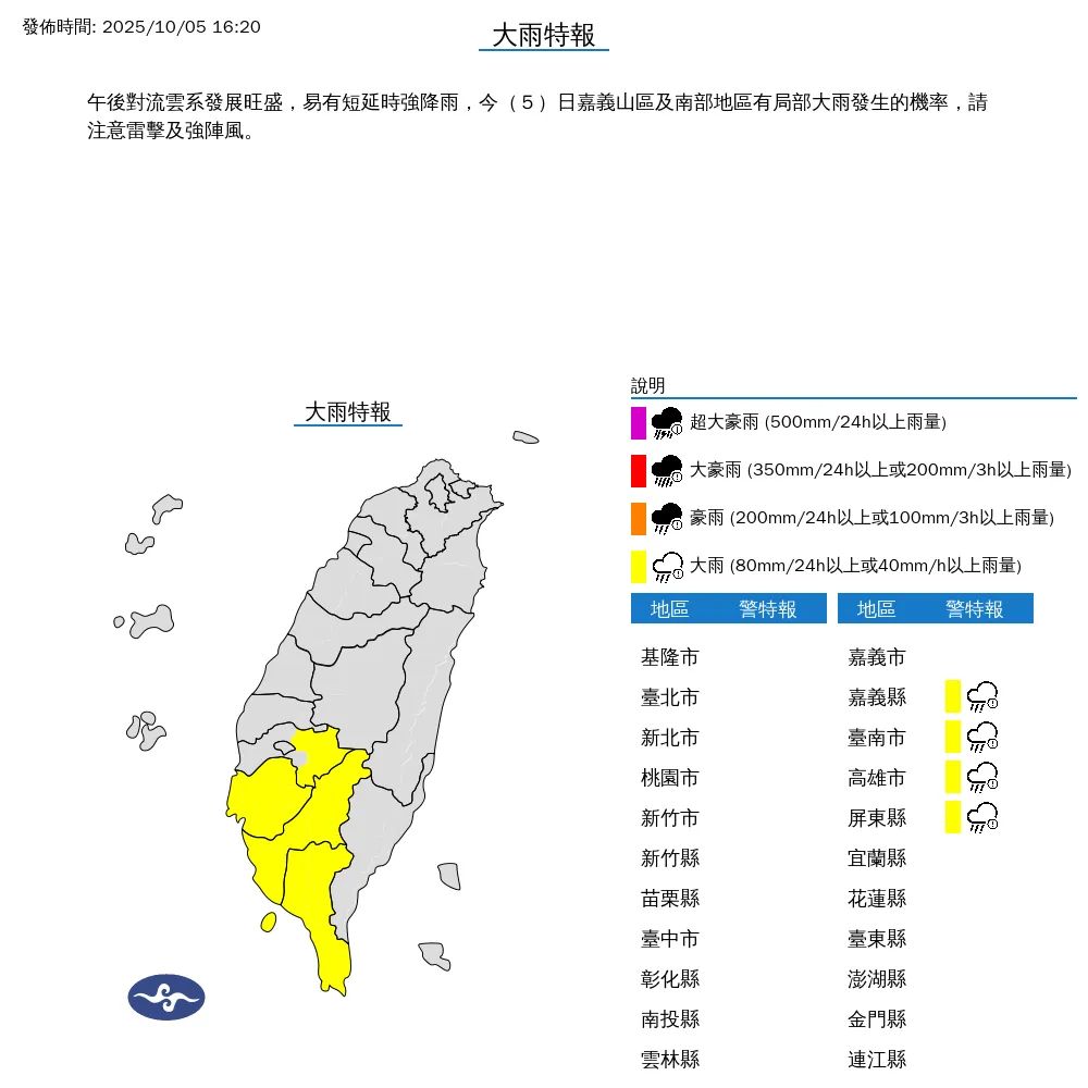 中央氣象署於今（5）日下午4點20分發布4縣市大雨特報。（圖/氣象署提供）