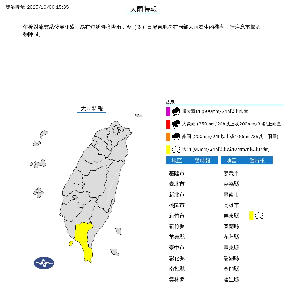 中央氣象署於今（6）日下午3時35分發布大雨特報。（圖／氣象署）