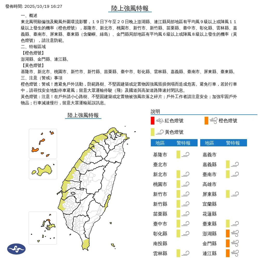 氣象署19日傍晚發布16縣市陸上強風特報，其中澎湖縣、金門縣、連江縣達橙色示警燈號。（圖／翻攝自中央氣象署官網）