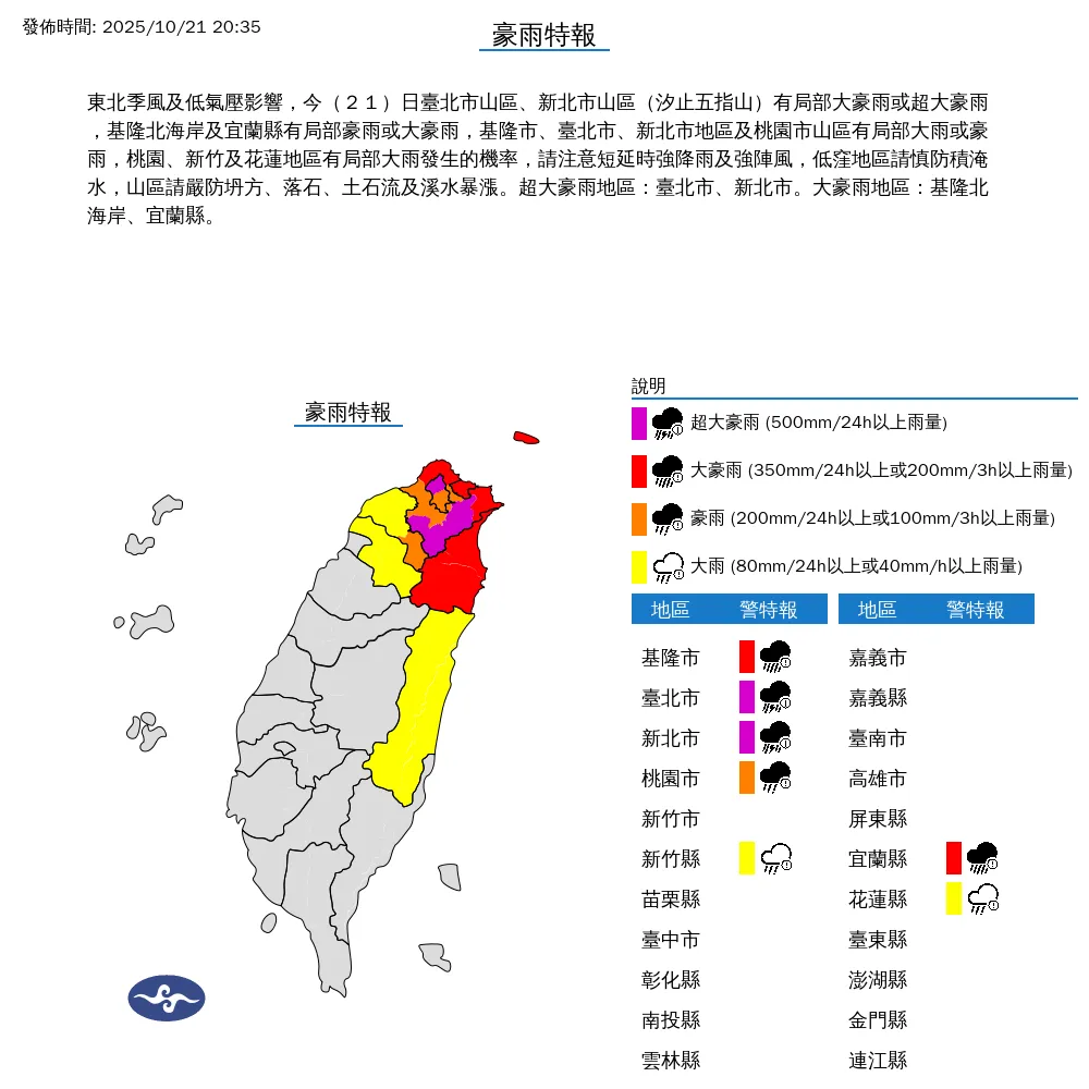 北北基宜等7縣市21日晚間出現豪雨以上等級降雨，以雙北地區為主。（圖／翻攝自中央氣象署官網）