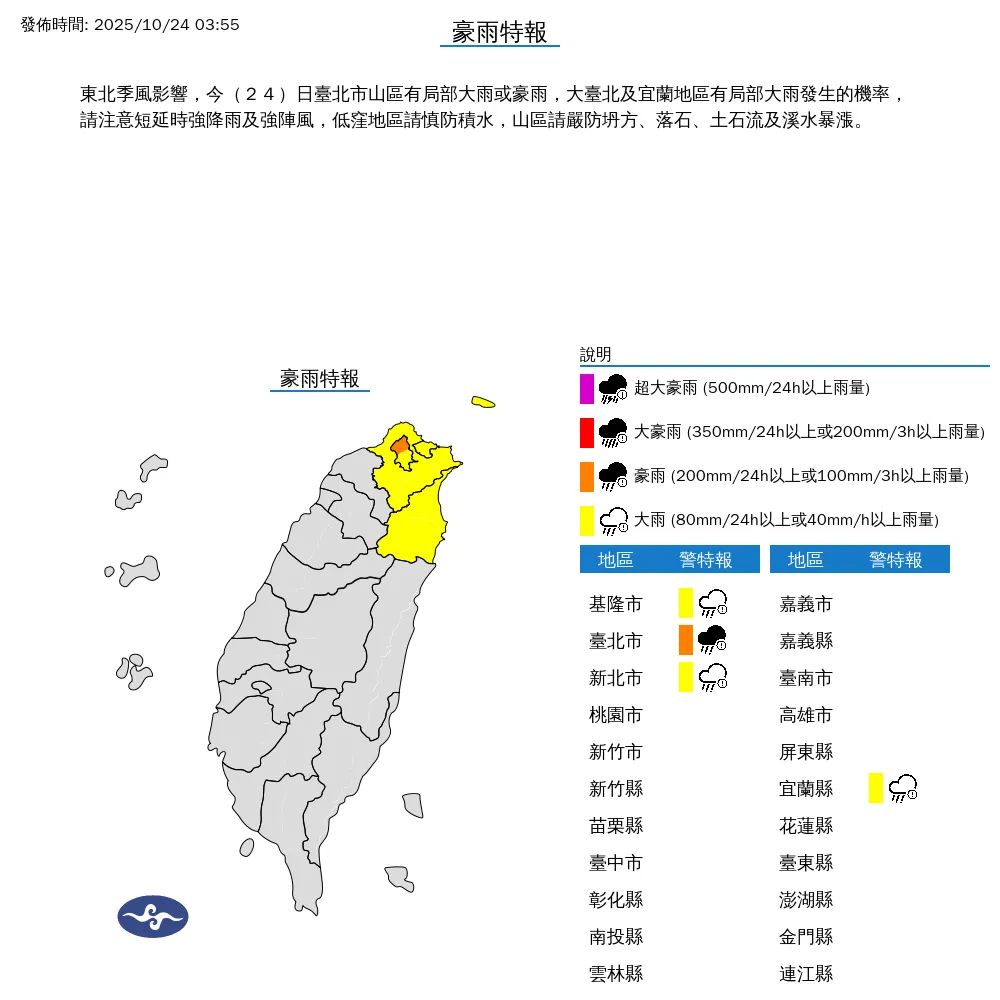 4縣市豪大雨特報。（圖／中央氣象署）