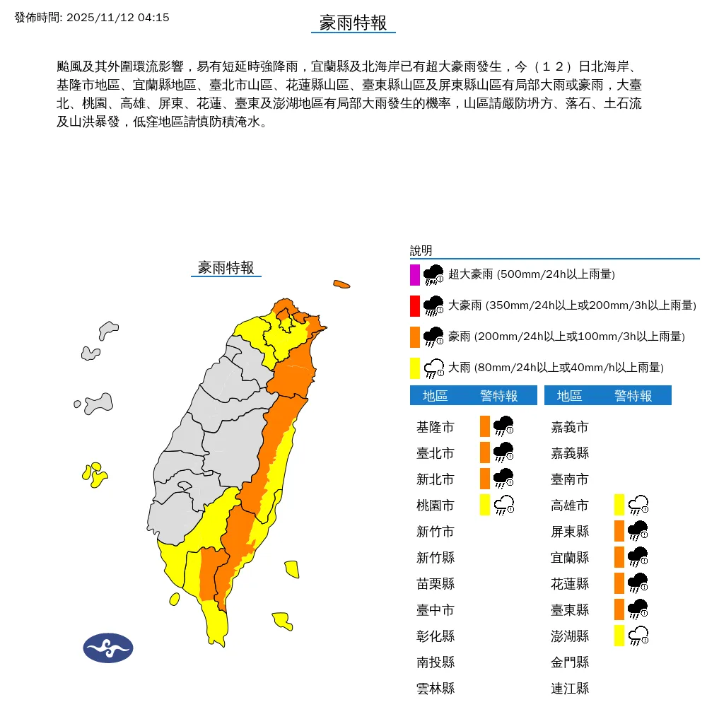 10縣市豪大雨特報。（圖／中央氣象署）