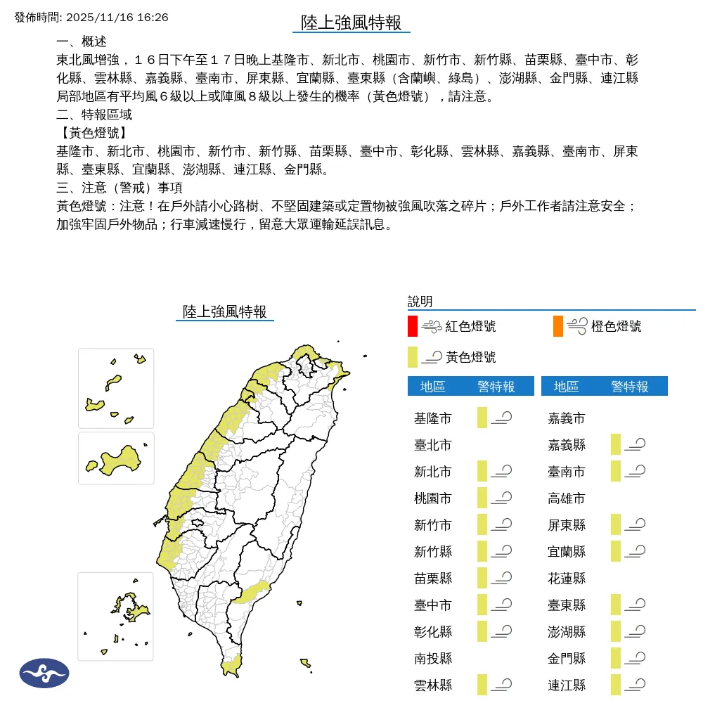 氣象署今（16）日下午4點26分發布陸上強風特報，受東北風增強影響，今日下午至明（17）日晚上，全台17個縣市局部地區有平均風6級以上或陣風8級以上發生機率。（圖/氣象署提供）