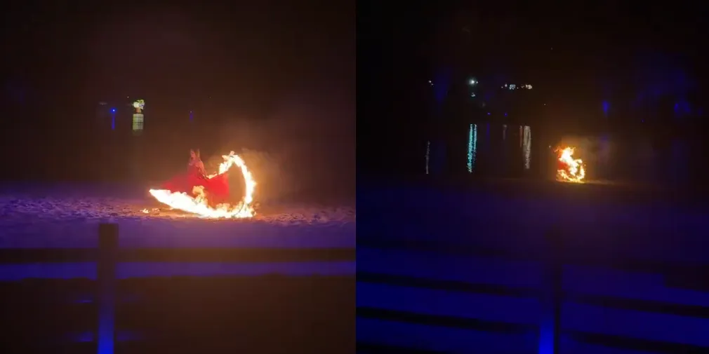 女舞者發現裙襬被點燃向河邊狂奔。(圖/翻攝微博)