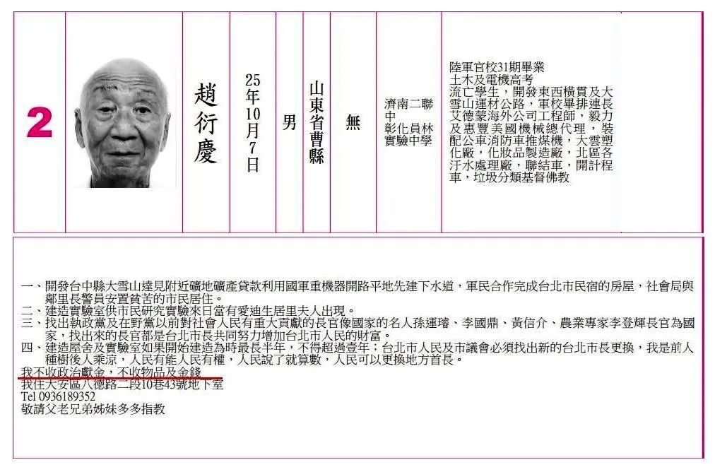 趙衍慶曾在2014年參選台北市長。(圖/番社字臉書社團台北市長候選人 趙衍慶 義務助選團)