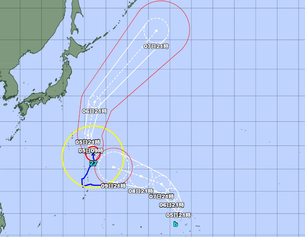關島附近海面於4日晚間正式生成一個新的熱帶性低氣壓,日本氣象廳隨即發布烈風警報(Gale Warning),預估最快將於5日增強發展為颱風「小熊」。(圖/翻攝自日本氣象廳)