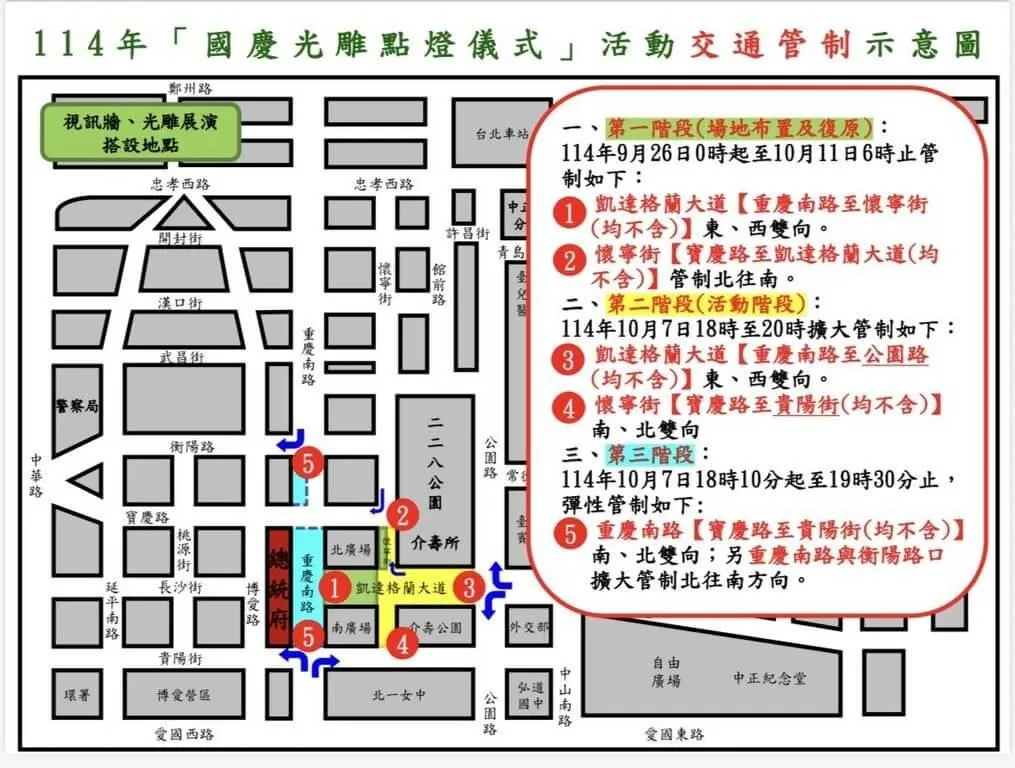 北市警方6日表示，國慶光雕展演活動點燈儀式將於7日晚間在總統府周邊路段舉行，凱道和懷寧街將擴大管制。 （台北市警察局中正第一分局提供）