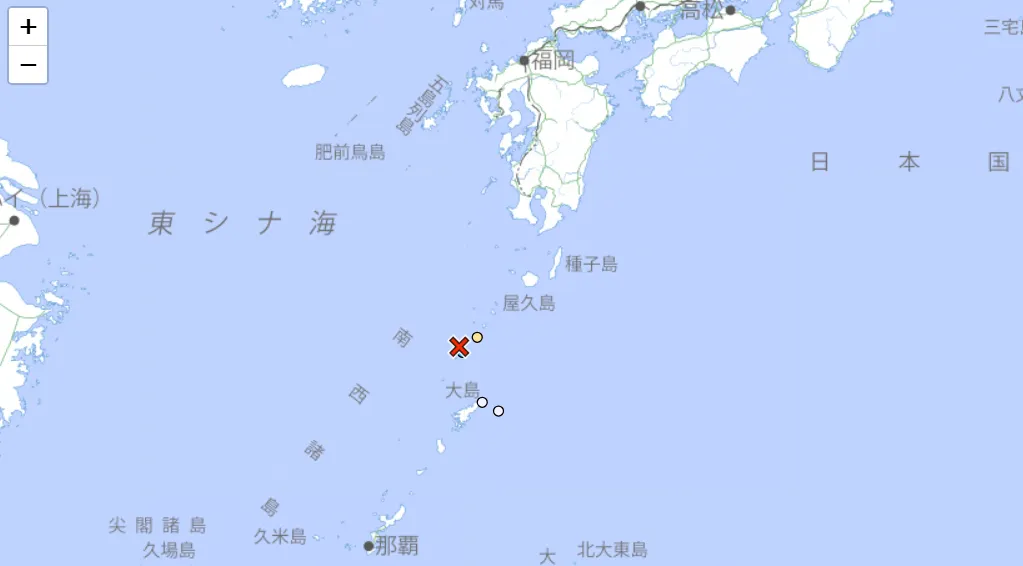 今天下午4時30分，吐噶喇群島近海發生規模4.7的地震。（圖／翻攝日本氣象廳）