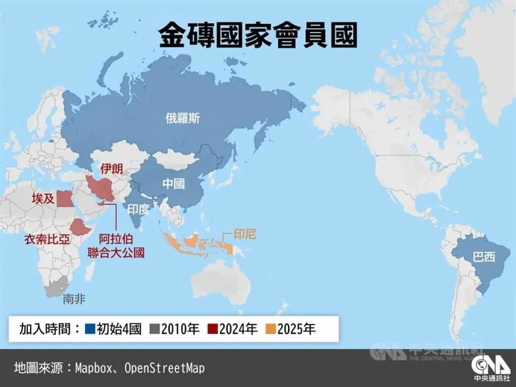 金磚國家目前有10個會員國及8個夥伴國。（圖/中央社）