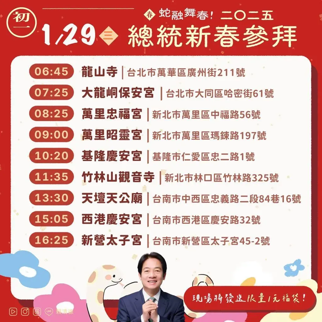 總統賴清德大年初一到初三會到許多廟宇參香祈福。（圖／取自賴清德臉書）