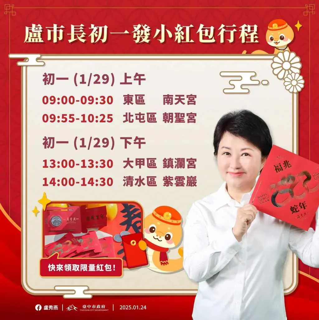 圖為台中市長盧秀燕初一發小紅包的行程。（圖／取自盧秀燕臉書）