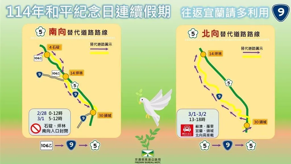 今年和平連續假期往返宜蘭替代道路圖。（圖/高速公路局提供）