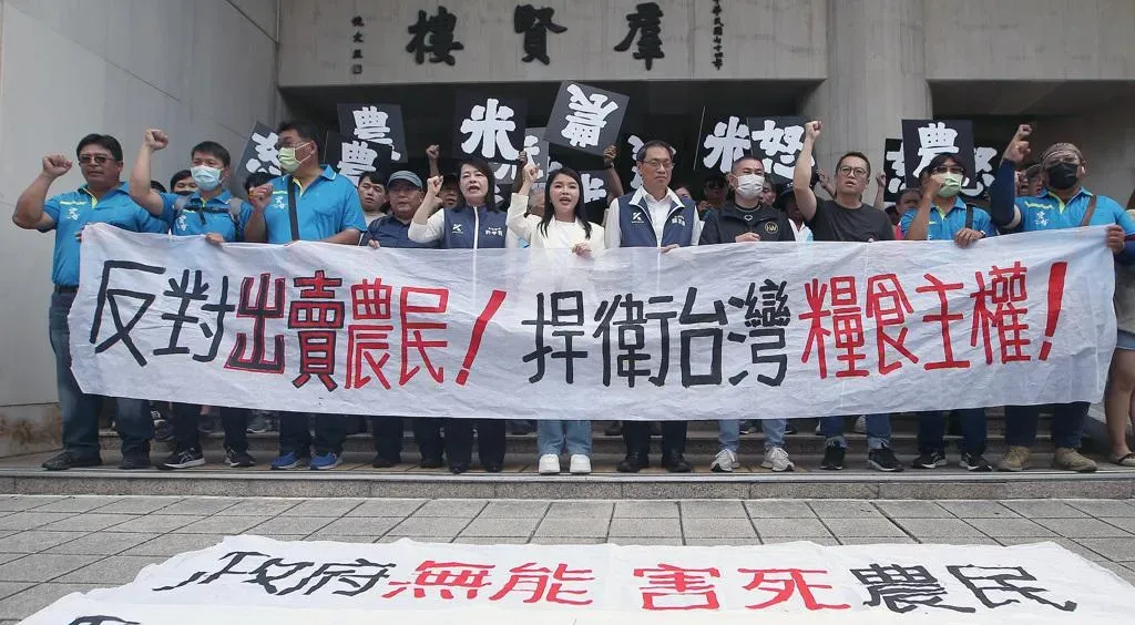 農民團體16日前往立法院抗議，痛批民進黨政府為了與美國談判關稅而出賣農民，國民黨立委張嘉郡（前排中）蘇清泉（前排右五）與許宇甄（前排左五）出面聲援。（圖/《中時新聞網》記者范揚光攝）