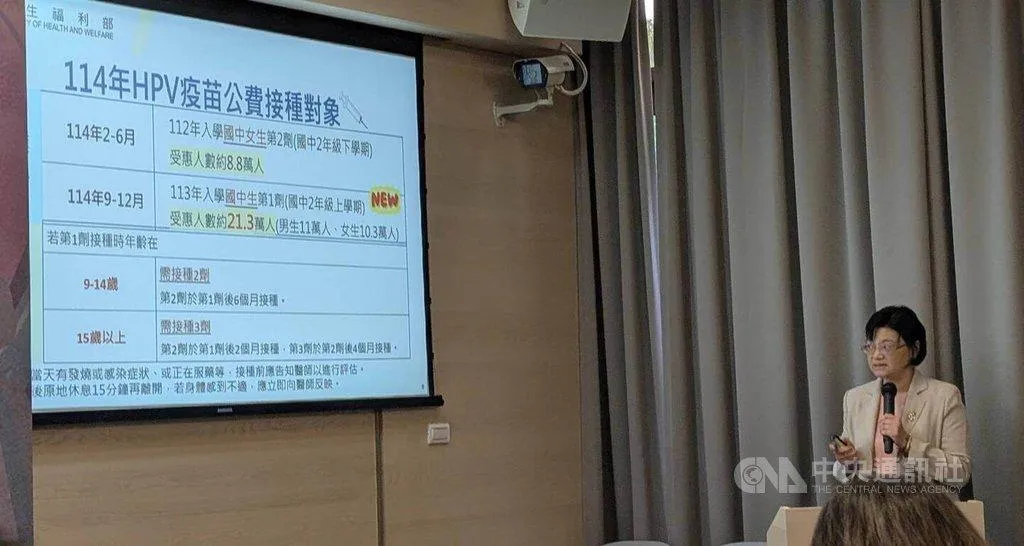 國健署癌症防治組組長林莉茹指出,將提供113年入學國中男女接種,預計有男生11萬人、女生10.3萬人,共21.3萬人受惠。(圖/中央社)