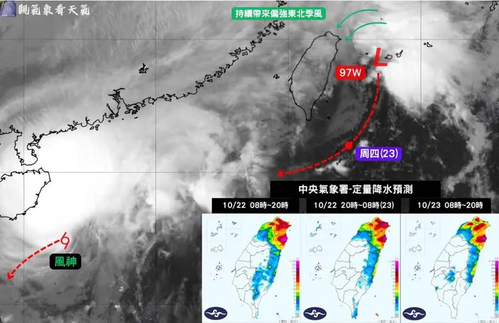 台灣東邊近海的低壓擾動97W，正不斷為東、北部沿海輸送水氣。（圖／翻攝自觀氣象看天氣粉專）