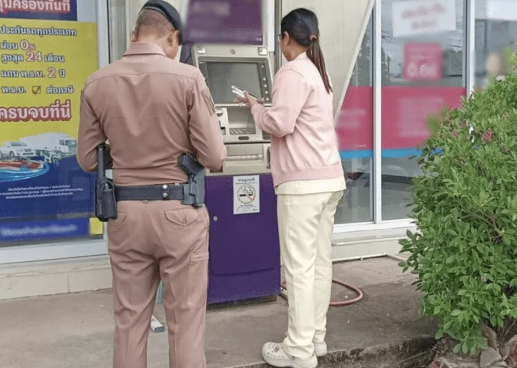 泰國一名女護理師在領錢時差點遭毒蛇咬傷。（圖／翻攝自泰國警方）