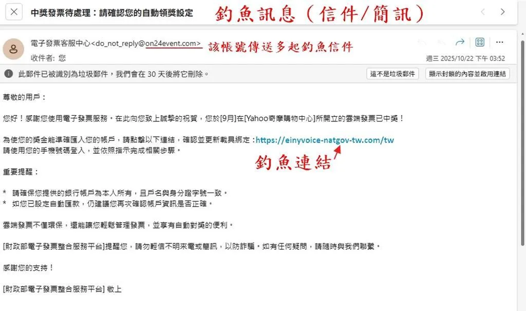 警方公布詐團假冒財政部電子發票系統寄送的釣魚郵件，仔細看超連結地址就能發現異常。（圖／刑事局提供）