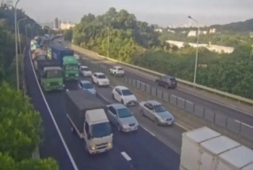 台64東向觀音山隧道，下午3時許，發生3隻小豬跳車逃逸事件，目前警方已經將2小黑豬控制，現場造成車流回堵。（翻攝國道1968監視器）