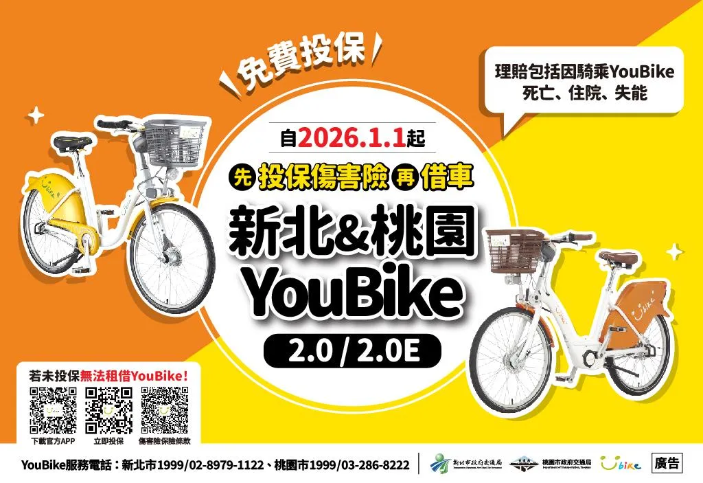 新北市、桃園市YouBike 公共自行車系統將自明(115)年1月開始,民眾必須完成投保免費公共自行車傷害險才能租借騎乘YouBike,以保障自身權益和安全。(圖/新北市交通局提供,下同)
