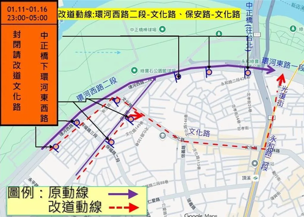 環河西路二段往環河東路一段交通改道動線。（圖／台北市工務局提供）