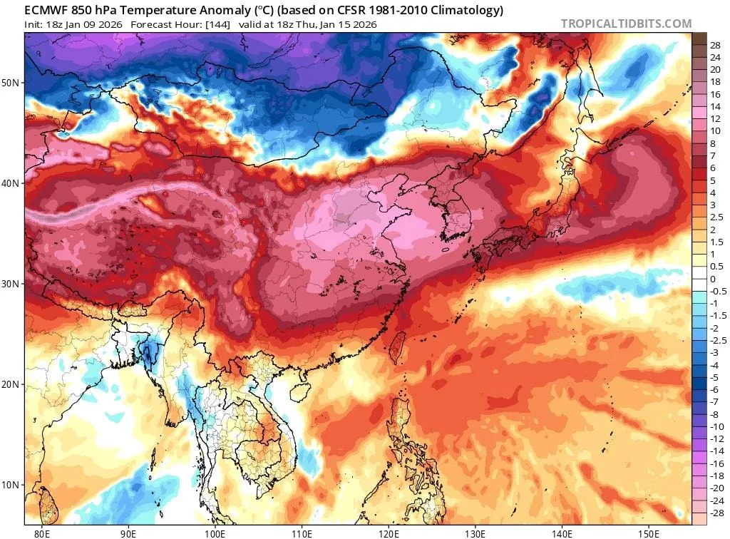 歐洲中期天氣預報中心（ECMWF）850hpa溫度距平圖。（圖／翻攝觀氣象看天氣）