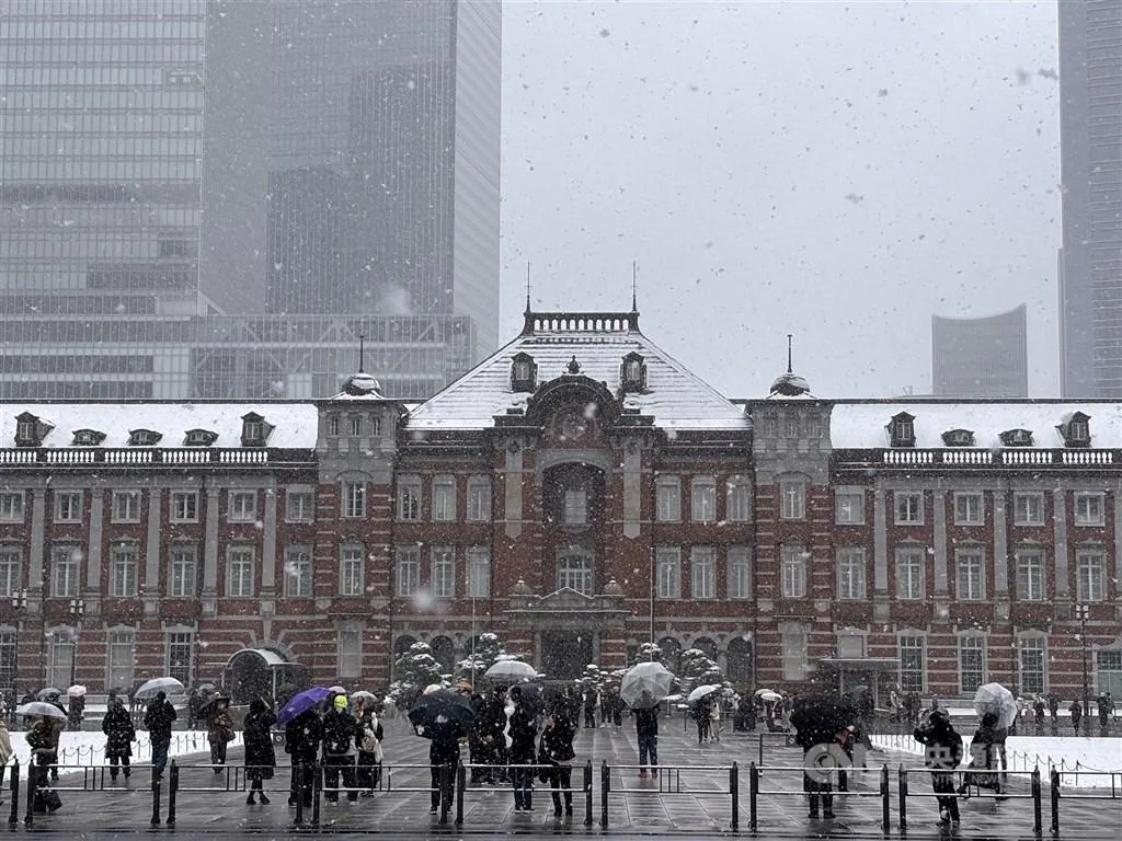 圖為2月8日不少民眾在東京車站前捕捉雪景。（圖／中央社）