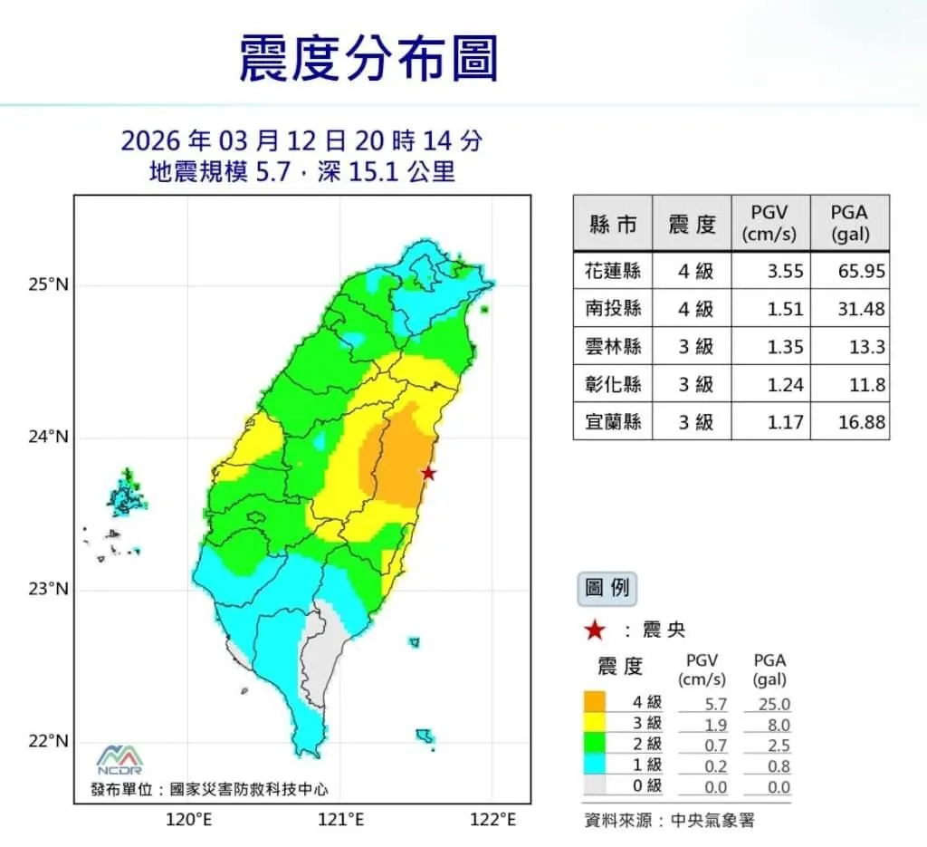 花蓮近海12日晚間地震震度分布。（圖取自國家災害防救科技中心LINE帳號）
