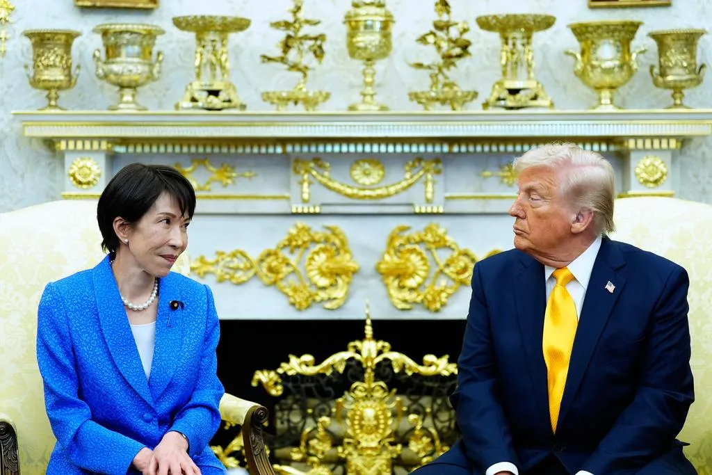 美國總統川普在白宮會見日本首相高市早苗。（圖／美聯社）